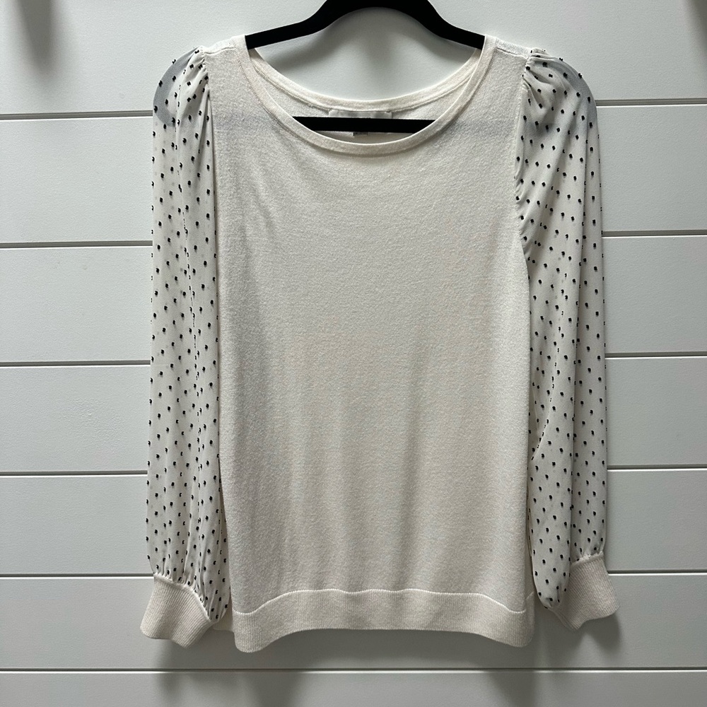 LOFT white Blouse with Black Polka Dot Sleeves